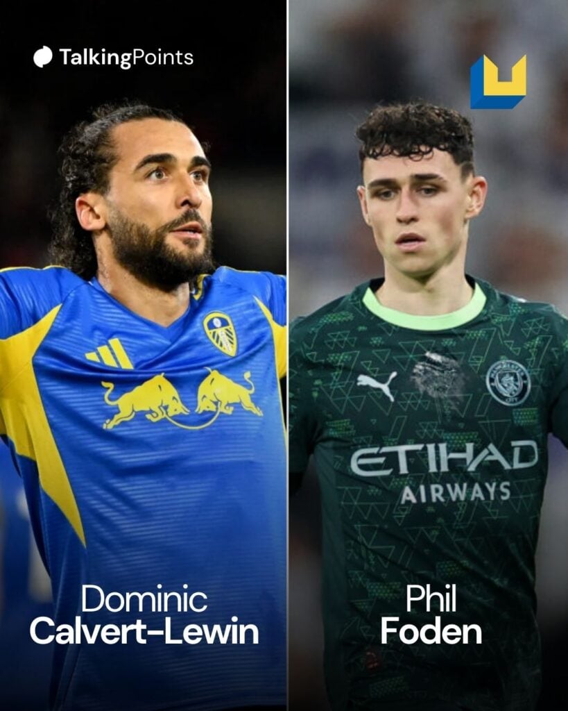 Split image of Leeds United player Dominic Calvert-Lewin and Man City's Phil Foden
