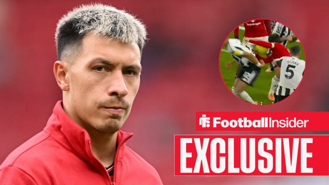 Lisandro Martinez at Old Trafford, penalty controversy in a circular inset