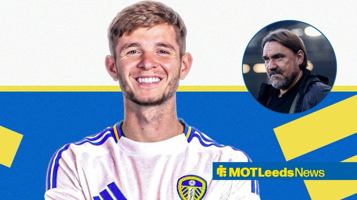 James McAtee smiling in a Leeds United shirt and Daniel Farke in a round overlay