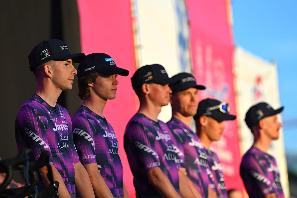 TIRANA, ALBANIA - MAY 07: Davide De Pretto of Italy and Team Jayco AlUla during the 108th Giro d&amp;apos;Italia 2025, Team Presentation / #UCIWT / on May 07, 2025 in Tirana, Albania. (Photo by Tim de Waele/Getty Images)