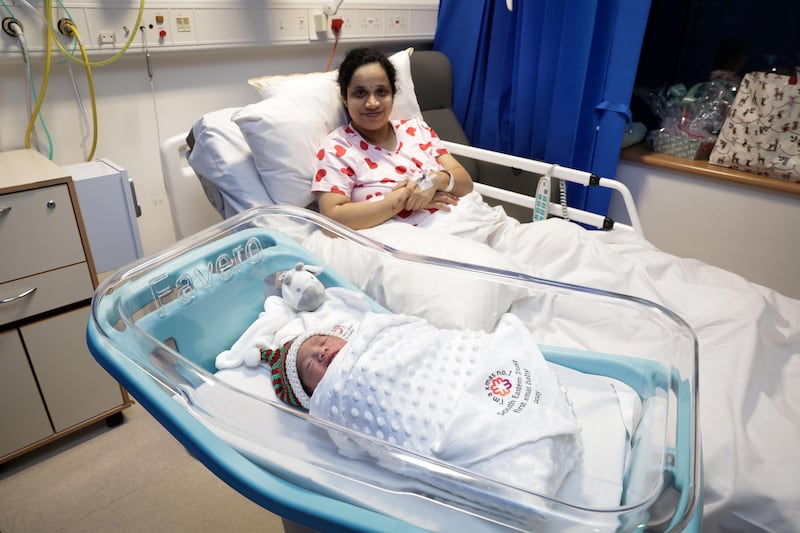 Press Eye - Belfast - Northern Ireland - 25th December 2025 - 

Christmas day mum Jesna Antony and her baby daughter Mirrah Mariam Manu in  the Ulster Hospital in Dundonald. 

Baby Mirrah Mariam Manu was born at 12.25am on Christmas Day morning and weighed 6lb  3oz.

Photo by Kelvin Boyes  / Press Eye.