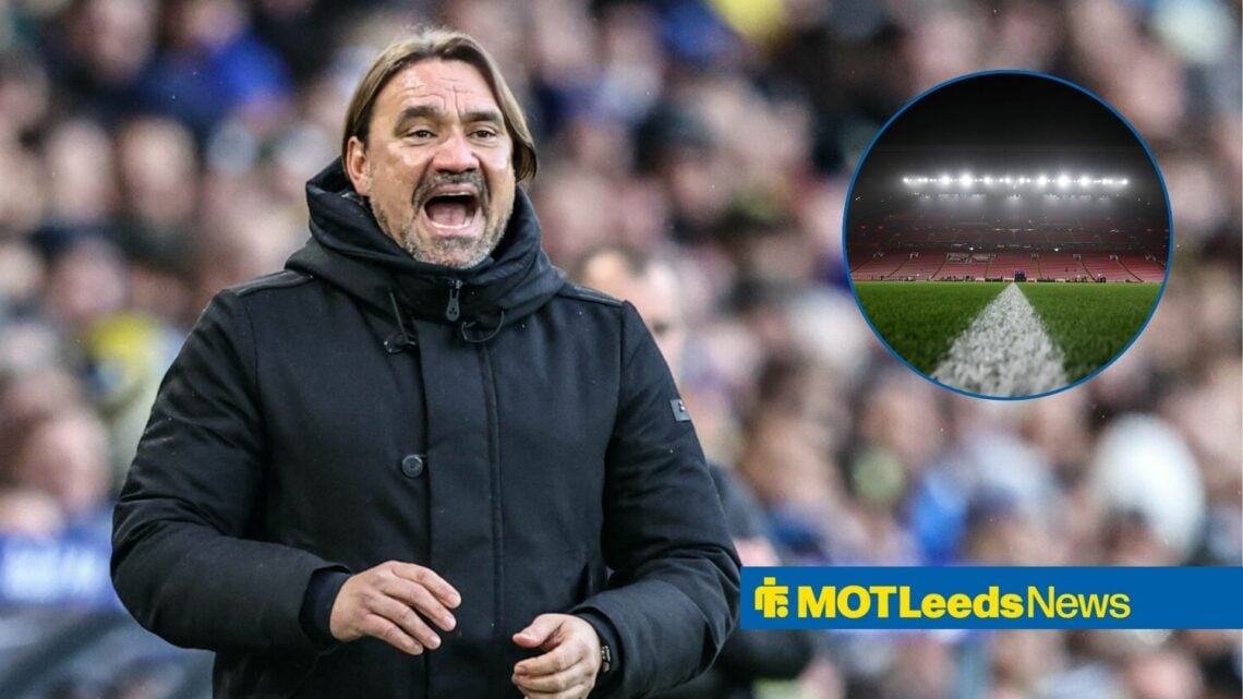 Daniel Farke shouting, with an circular inset of Anfield alongside him
