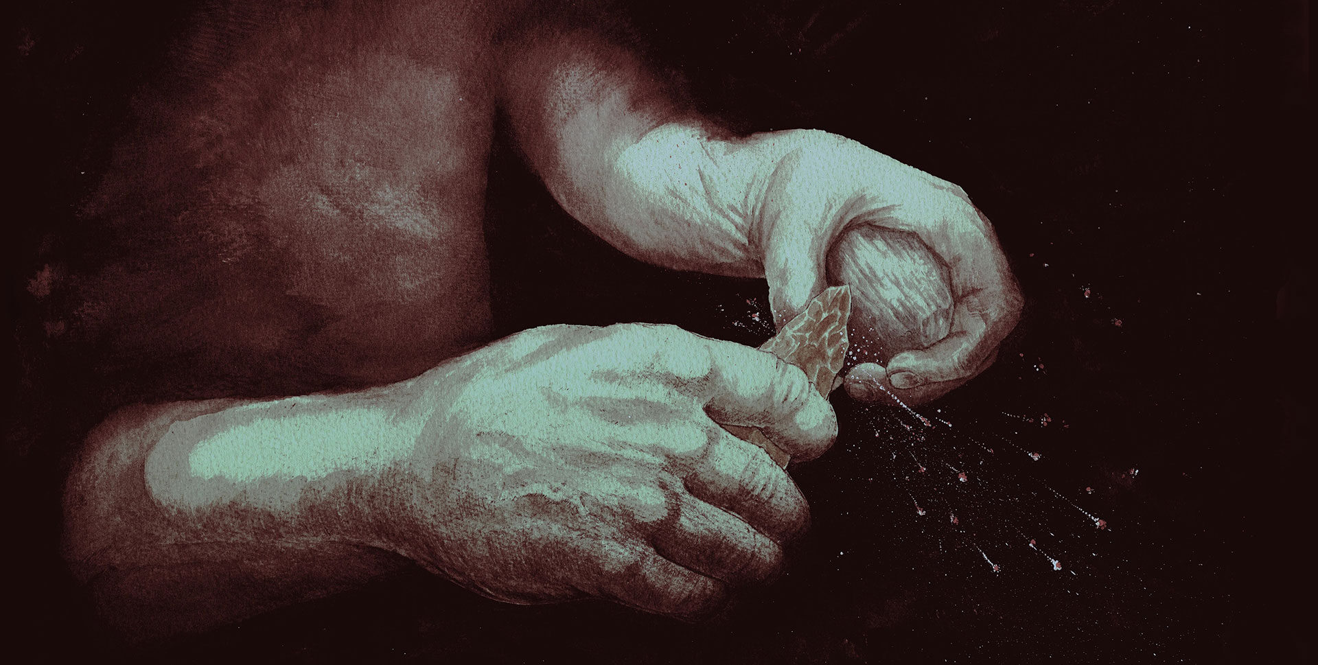 Artist’s reconstruction of sparks being produced by striking iron pyrite with a flint handax