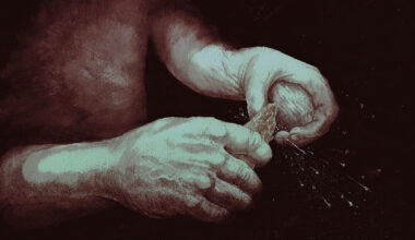 Artist’s reconstruction of sparks being produced by striking iron pyrite with a flint handax