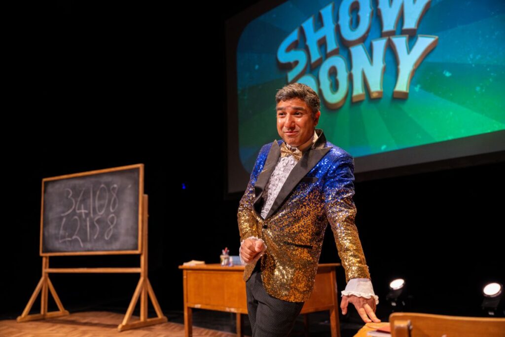 Nick Mohammed on stage when performing 'Show Pony'