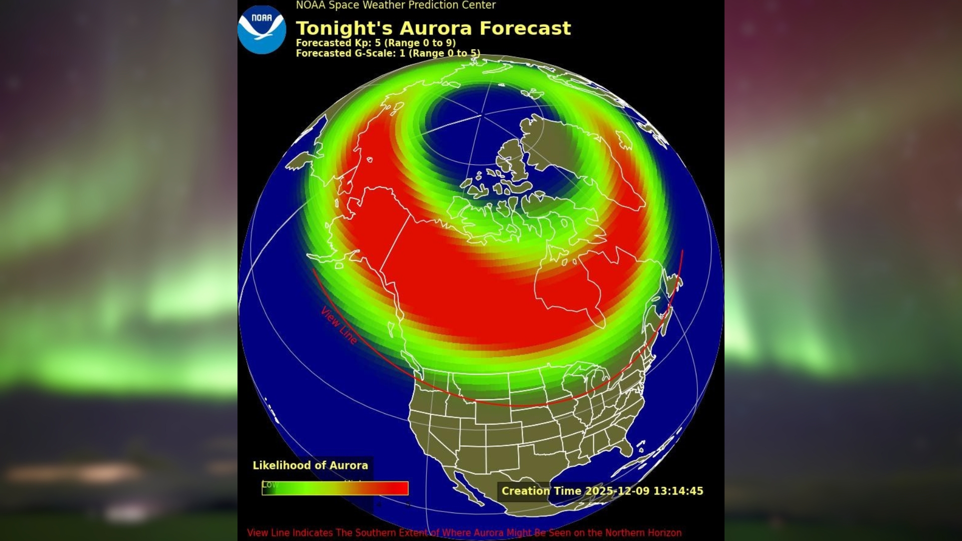 aurora forecast for tonight shows 15 us states potentially within the aurora viewline.
