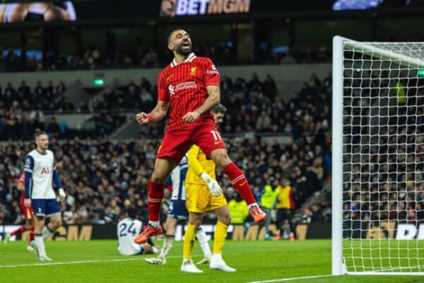 LONDON, ENGLAND - Sunday, December 22, 2024: Liverpool's Mohamed Salah celebrates after scoring his side's fifth goal during the FA Premier League match between Tottenham Hotspur FC and Liverpool FC at the Tottenham Hotspur Stadium. (Photo by David Rawcliffe/Propaganda)