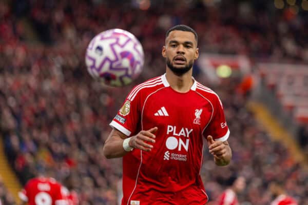 LIVERPOOL, ENGLAND - Sunday, October 19, 2025: Liverpool's Cody Gakpo during the FA Premier League match between Liverpool FC and Manchester United FC at Anfield. (Photo by David Rawcliffe/Propaganda)
