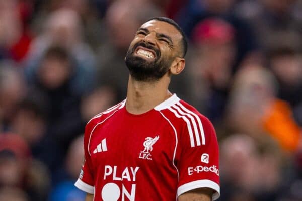 LIVERPOOL, ENGLAND - Sunday, October 19, 2025: Liverpool's Mohamed Salah reacts to missing a chance during the FA Premier League match between Liverpool FC and Manchester United FC at Anfield. (Photo by David Rawcliffe/Propaganda)
