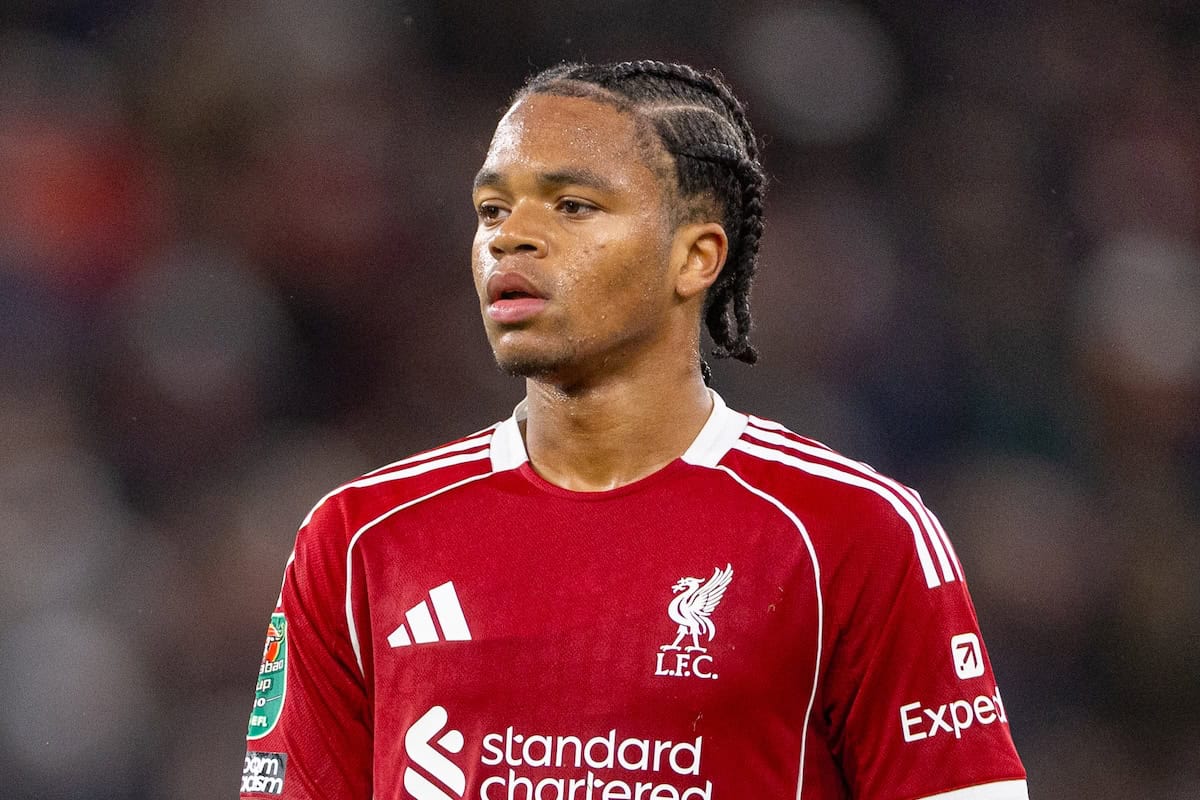 LIVERPOOL, ENGLAND - Wednesday, October 29, 2025: Liverpool's Rio Ngumoha during the Football League Cup 4th Round match between Liverpool FC and Crystal Palace FC at Anfield. (Photo by David Rawcliffe/Propaganda)