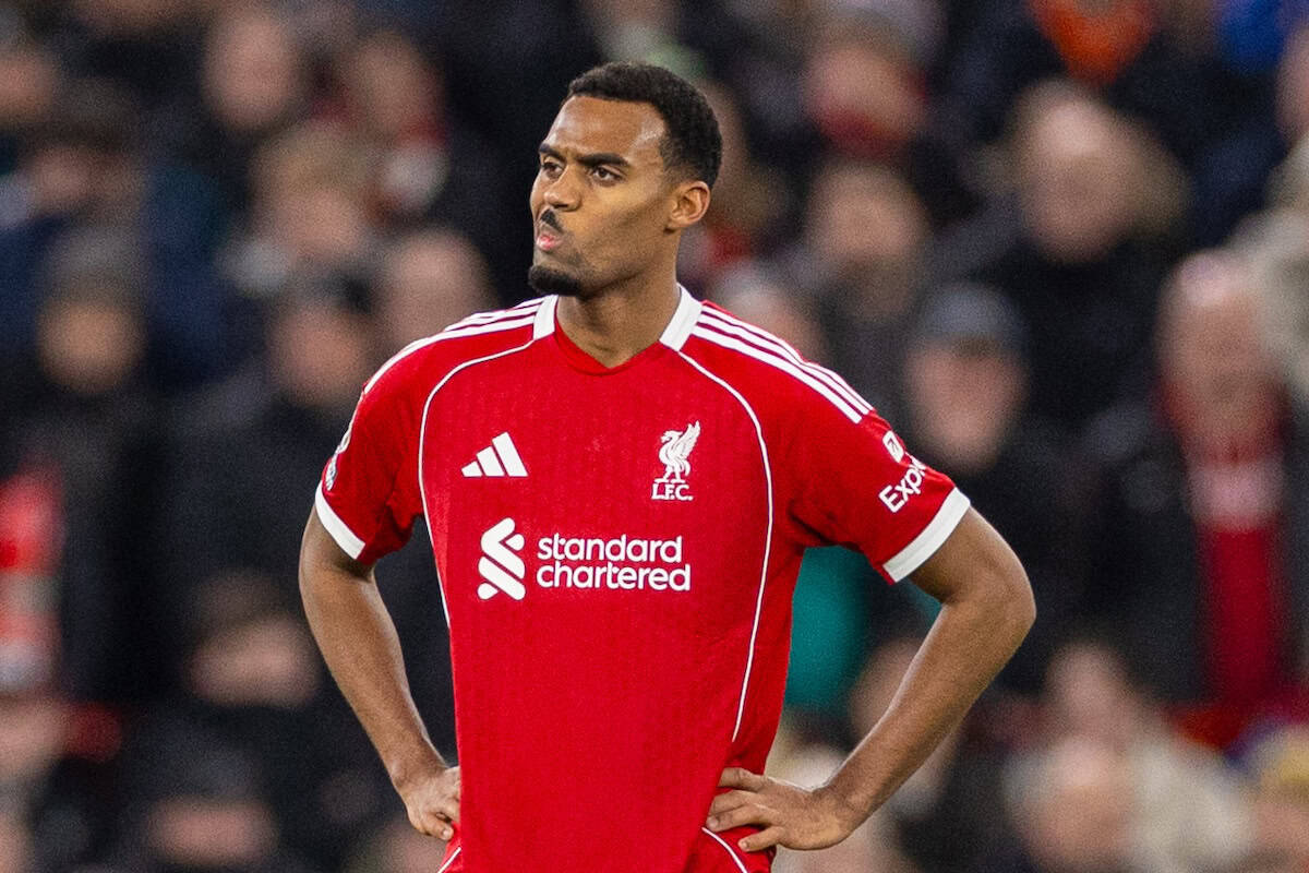 LIVERPOOL, ENGLAND - Wednesday, December 3, 2025: Liverpool's Ryan Gravenberch reacts to conceding the first goal during the FA Premier League match between Liverpool FC and Sunderland AFC at Anfield. (Photo by David Rawcliffe/Propaganda)
