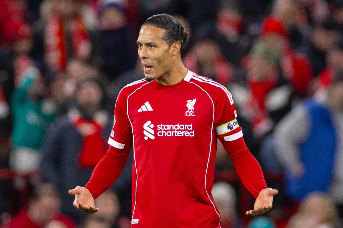 LIVERPOOL, ENGLAND - Wednesday, December 3, 2025: Liverpool's captain Virgil van Dijk reacts to conceding the first goal during the FA Premier League match between Liverpool FC and Sunderland AFC at Anfield. (Photo by David Rawcliffe/Propaganda)