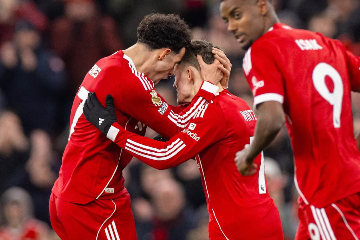 LIVERPOOL, ENGLAND - Wednesday, December 3, 2025: Liverpool's Florian Wirtz celebrates with team-mate Curtis Jones (L) after scoring Liverpool's first and equalising goal during the FA Premier League match between Liverpool FC and Sunderland AFC at Anfield. (Photo by David Rawcliffe/Propaganda)