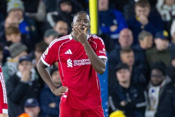 LEEDS, ENGLAND - Saturday, December 6, 2025: Liverpool's Ibrahima Konaté reacts to conceding the penalty during the FA Premier League match between Leeds United FC and Liverpool FC at Elland Road. (Photo by David Rawcliffe/Propaganda)