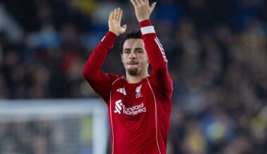 LEEDS, ENGLAND - Saturday, December 6, 2025: Liverpool's Curtis Jones applauds the travelling supporters after the FA Premier League match between Leeds United FC and Liverpool FC at Elland Road. (Photo by David Rawcliffe/Propaganda)