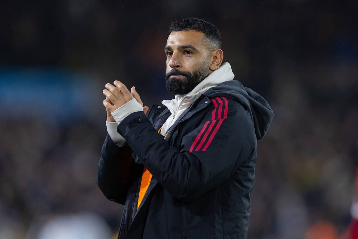 LEEDS, ENGLAND - Saturday, December 6, 2025: Liverpool's unused substitute Mohamed Salah applauding the traveling supporters after the FA Premier League match between Leeds United FC and Liverpool FC at Elland Road. (Photo by David Rawcliffe/Propaganda)