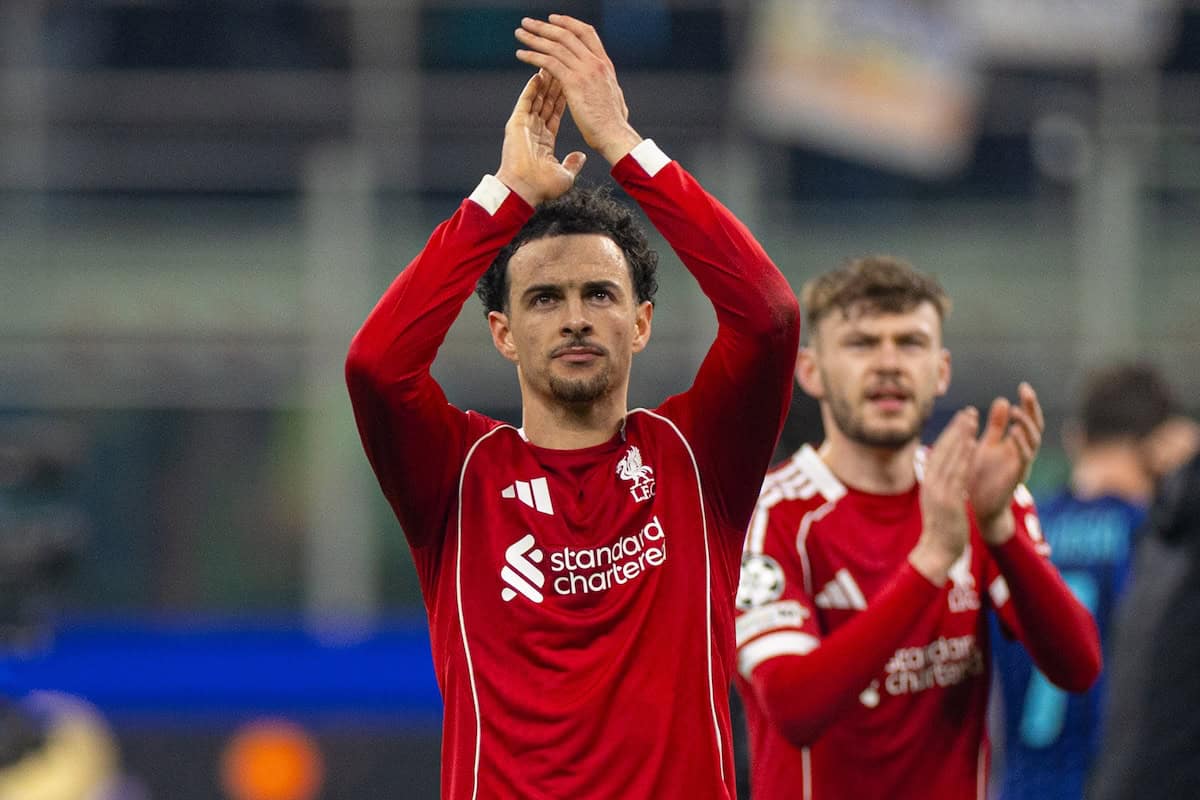 MILAN, ITALY - Tuesday, December 9, 2025: Liverpool's Curtis Jones applauds the travelling supporters after the UEFA Champions League game between Internazionale Milano and Liverpool FC at the Stadio San Siro. (Photo by David Rawcliffe/Propaganda)