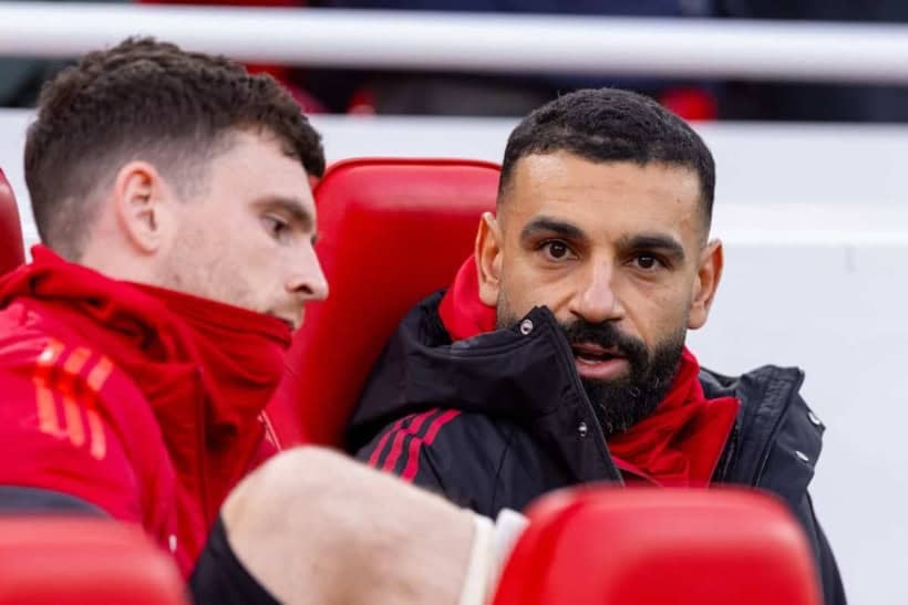 LIVERPOOL, ENGLAND - Saturday, December 13, 2025: Liverpool's substitute Mohamed Salah on the bench before the FA Premier League match between Liverpool FC and Brighton & Hove Albion FC at Anfield. (Photo by David Rawcliffe/Propaganda)