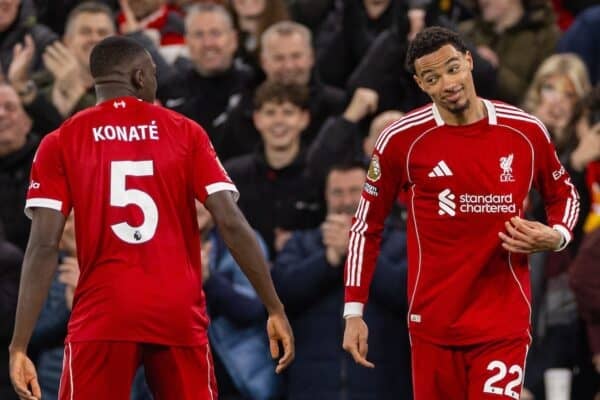 LIVERPOOL, ENGLAND - Saturday, December 13, 2025: Liverpool's Hugo Ekitike celebrates with team-mate Ibrahima Konaté after scoring the second goal during the FA Premier League match between Liverpool FC and Brighton & Hove Albion FC at Anfield. (Photo by David Rawcliffe/Propaganda)