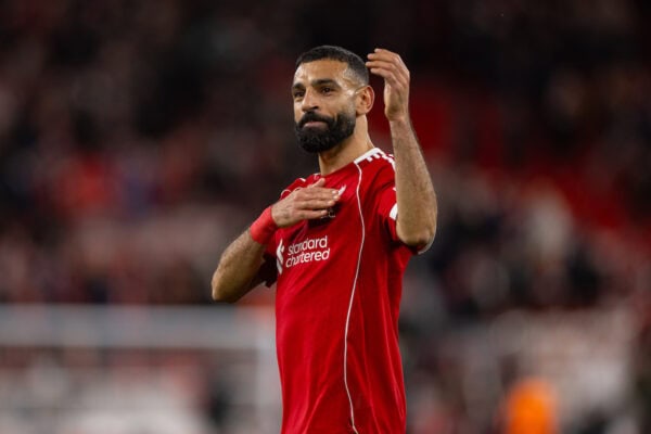 LIVERPOOL, ENGLAND - Saturday, December 13, 2025: Liverpool's Mohamed Salah tapping the badge after the FA Premier League match between Liverpool FC and Brighton & Hove Albion FC at Anfield. (Photo by David Rawcliffe/Propaganda)