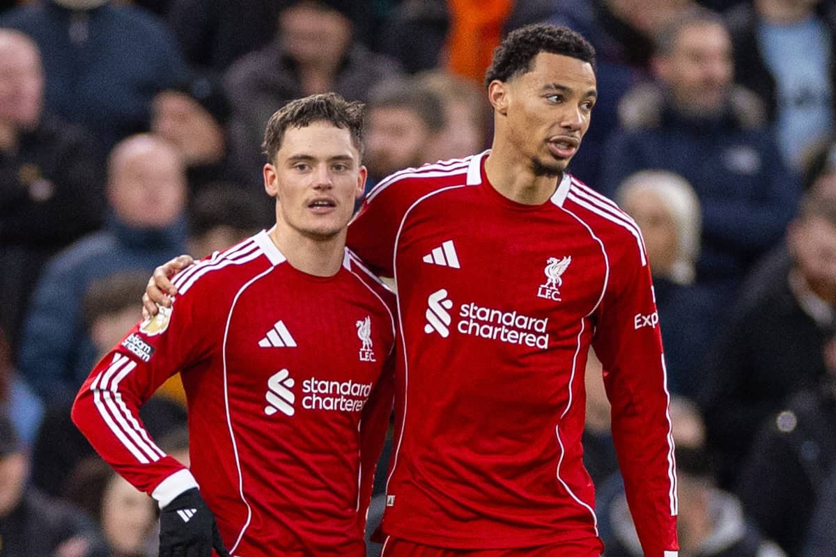 LIVERPOOL, ENGLAND - Saturday, December 27, 2025: Liverpool's Florian Wirtz celebrates with team-mate Hugo Ekitike (R) after scoring the second goal during the FA Premier League match between Liverpool FC and Wolverhampton Wanderers FC at Anfield. (Photo by David Rawcliffe/Propaganda)
