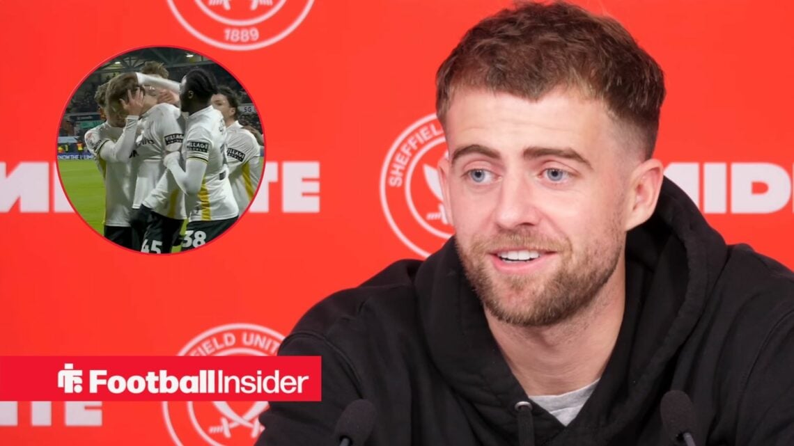 Patrick Bamford in a press conference, Sheffield United star celebrating in a circular inset