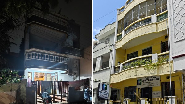 (Left) The house in Moolakulam is found on the records of at least 17 CAP cricketers. (Right) The three-storey building in the MG Road Area is found on the records of six CAP cricketers. (Express Photo by Lalith Kalidas)