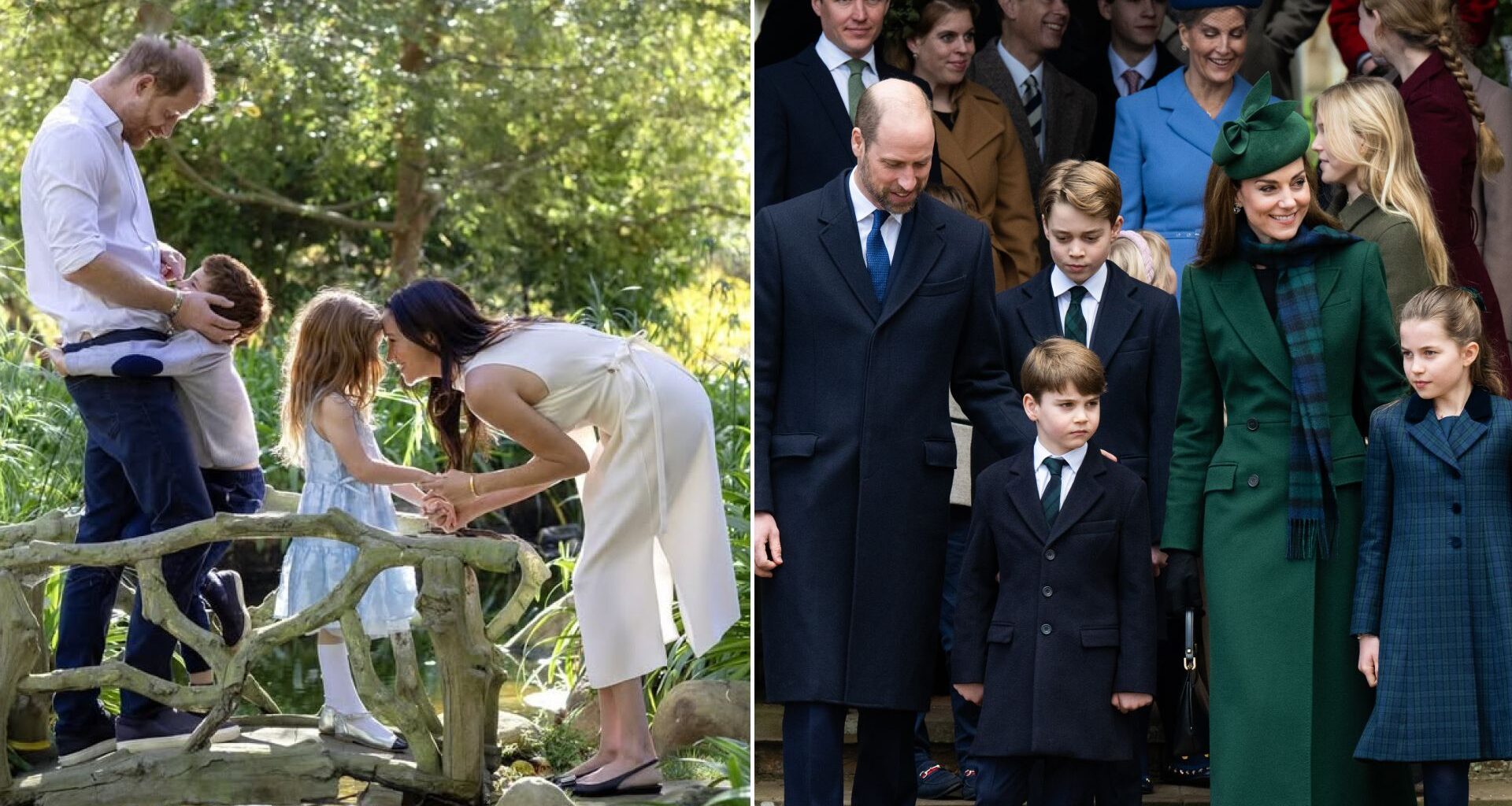 Prince Harry and Meghan Markle pose with their children, Prince Archie and Princess Lilibet, for their 2025 Christmas card while Prince William and Princess Kate leave church with their three children, Prince George, Princess Charlotte, and Prince Louis