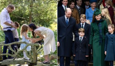 Prince Harry and Meghan Markle pose with their children, Prince Archie and Princess Lilibet, for their 2025 Christmas card while Prince William and Princess Kate leave church with their three children, Prince George, Princess Charlotte, and Prince Louis