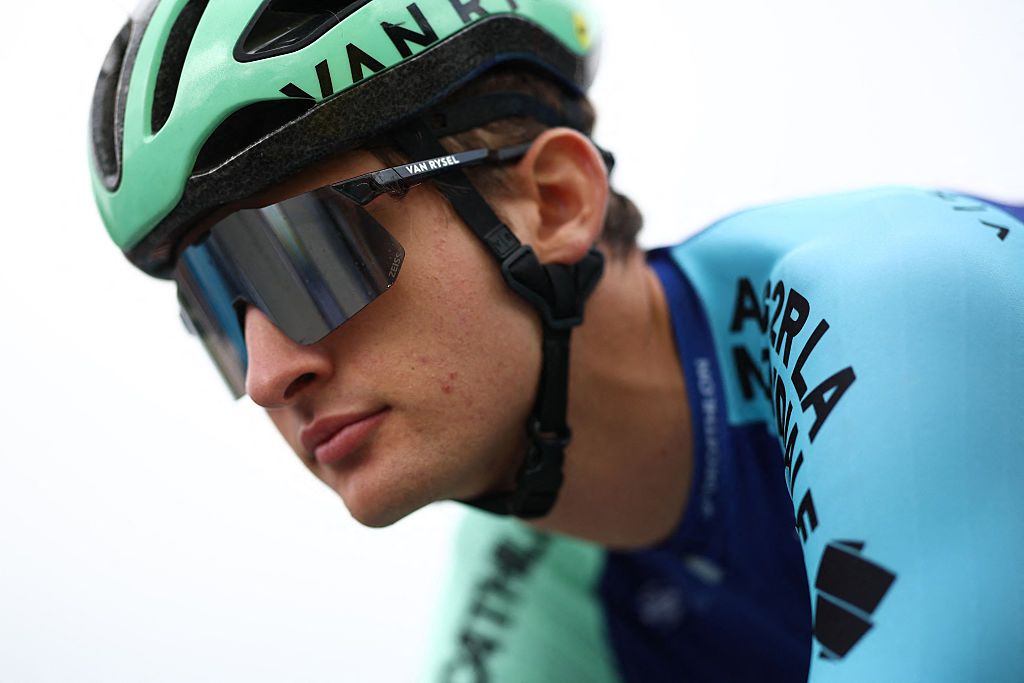 Decathlon-AG2R French rider Paul Seixas looks on prior to the 1st stage of the 77th edition of the Criterium du Dauphine cycling race, 195,8 km between Dom&eacute;rat and Montlucon, on June 8, 2025. (Photo by Anne-Christine POUJOULAT / AFP)