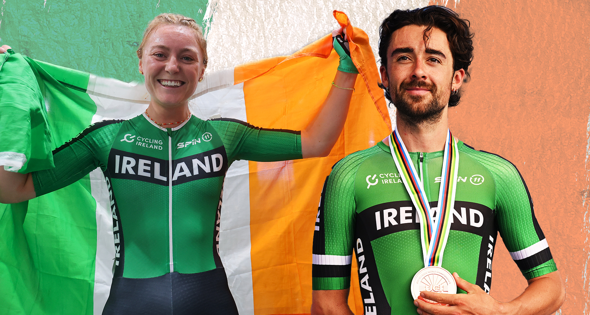 Lara Gillespie and Ben Healy with an Irish flag background.