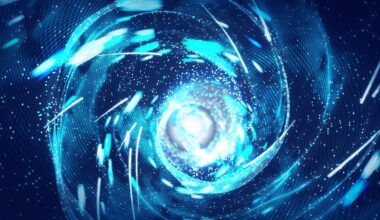 Giant mesh tunnel with swirling particles flowing on a dark blue background.