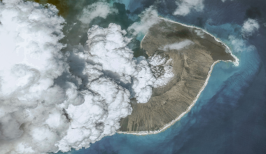 Maxar overview satellite imagery shows the Hunga Tonga-Hunga Ha'apai volcano releasing huge smoke clouds before the eruption on January 14th , 2022 in Hunga Tonga-Hunga Ha'apai Islands, Tonga.