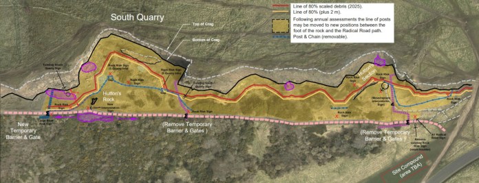 Two sections of the Radical Road will see alterations, with a new permanent fence erected at the South Quarry section (see left (C) Historic Environment Scotland