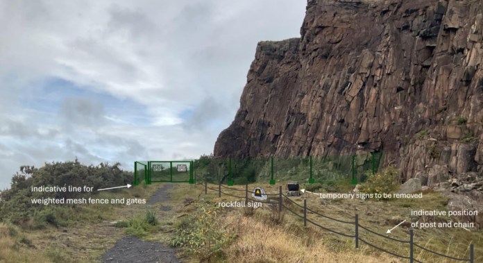 Planned safety measures signage warning of rockfall, a fence separating the cliff face from the path, and a green chain link fence and gate (C) Historic Environment Scotland