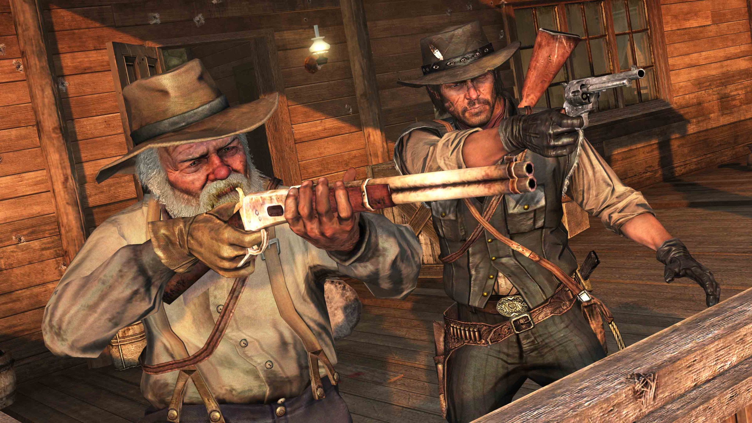 Screenshot from Red Dead Redemption featuring two men in cowboy clothes wielding shotguns.