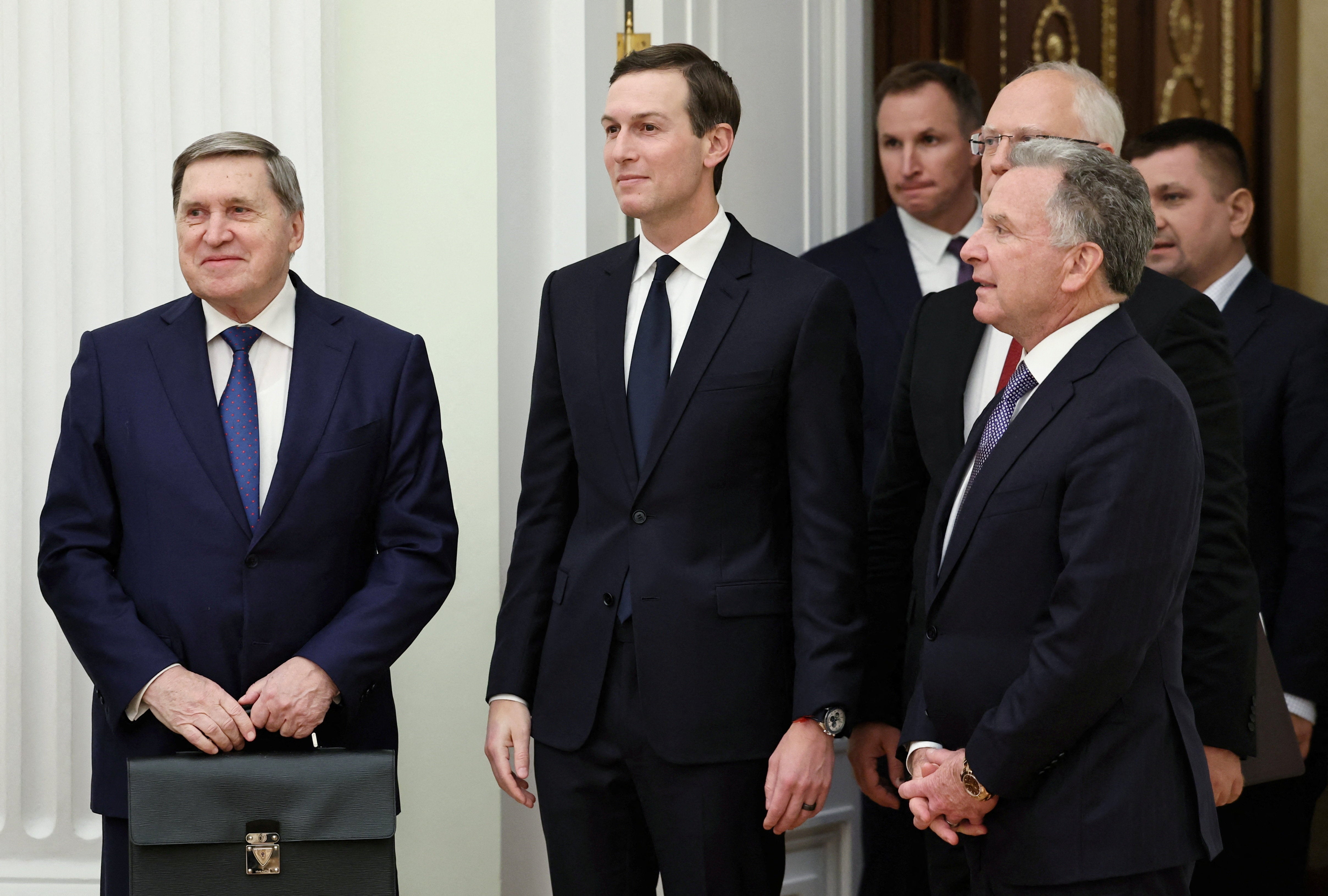 Russian presidential envoy Kirill Dmitriev, foreign policy aide Yuri Ushakov, US president Donald Trump's special envoy Steve Witkoff and son-in-law Jared Kushner attend a meeting with Russian president Vladimir Putin at the Kremlin in Moscow