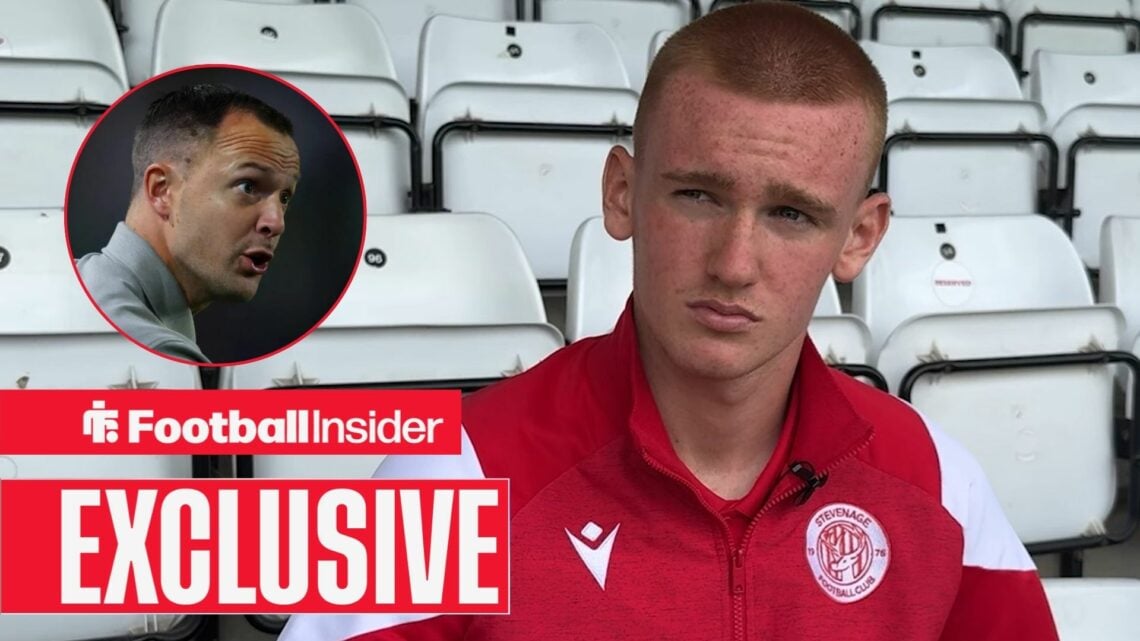 Ryan Doherty during an interview with Stevenage, with Chris Davies in a circular inset