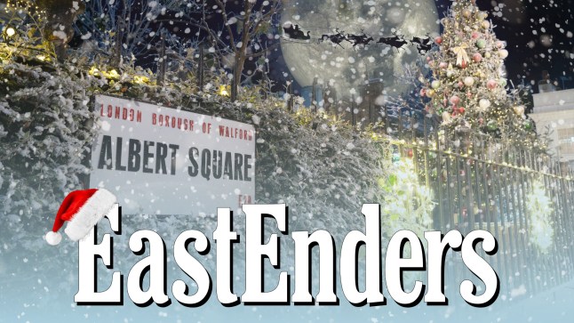 The EastEnders logo with a santa hat on the first 'E', over a festive backdrop of the Albert Square sign on a fence, with snow and Christmas decoration illustrations.
