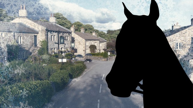 A horse silhouette in front of the Emmerdale village