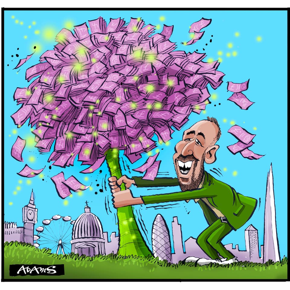 Cartoon of Zack Polanski shaking a magic money tree