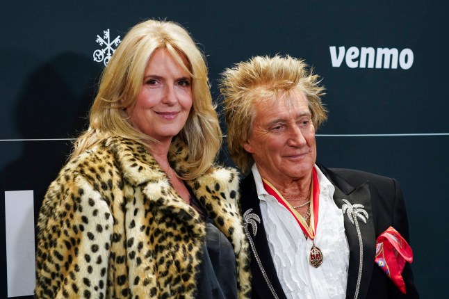 Penny Lancaster, left, and Rod Stewart arrive at the FireAid benefit concert on Thursday, Jan. 30, 2025, at Intuit Dome in Inglewood, Calif. (Photo by Jordan Strauss/Invision/AP)