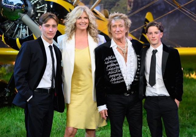 LONDON, ENGLAND - MAY 15: Alastair Stewart, Penny Lancaster, Rod Stewart and Aiden Stewart attend the 
