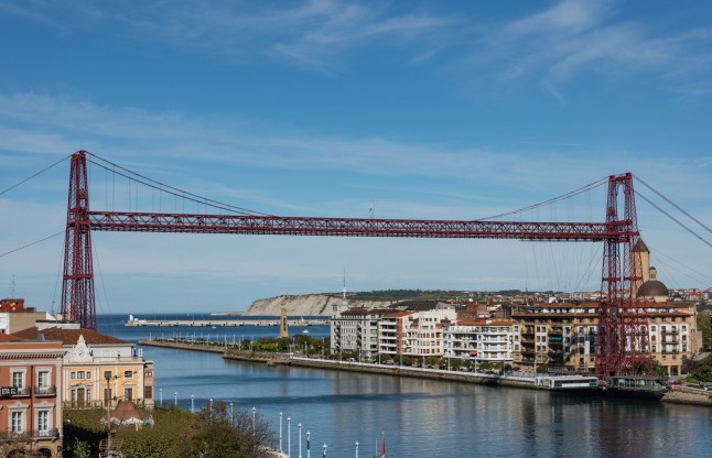 Bizkaia Bridge (Puente Vizcaya) also known as Puente Colgante in Bilbao is the world's oldest transporter bridge and connects Getxo and Portugalete. It was made a World Heritage site by Unesco in 2006. Bilbao, Biscay, Basque Region, Spain.