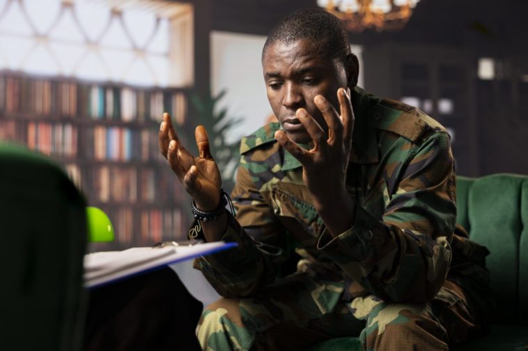 Soldier in army uniform has talking therapy