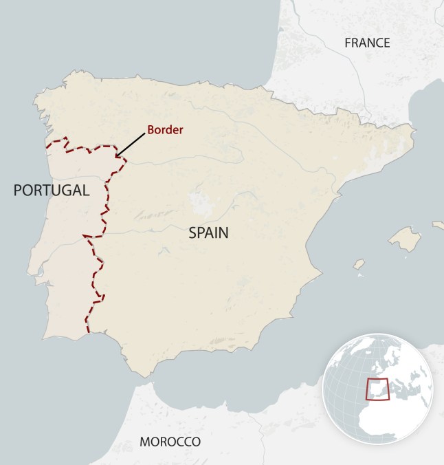 A map showing the border between Spain and Portugal.