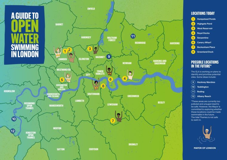 Map of open water swimming sites in London Image: https://www.london.gov.uk/media/106720/download