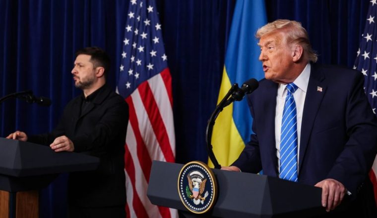 PALM BEACH, FLORIDA - DECEMBER 28: U.S. President Donald Trump speaks alongside Ukrainian President Volodymyr Zelensky during a press conference following their meeting at Trump???s Mar-a-Lago club on December 28, 2025 in Palm Beach, Florida. Trump invited Zelensky to his private club to work on the U.S.-proposed peace plan to end the war in Ukraine, as the conflict approaches four years since the sudden full-scale invasion by Russia on February 24, 2022. (Photo by Joe Raedle/Getty Images)