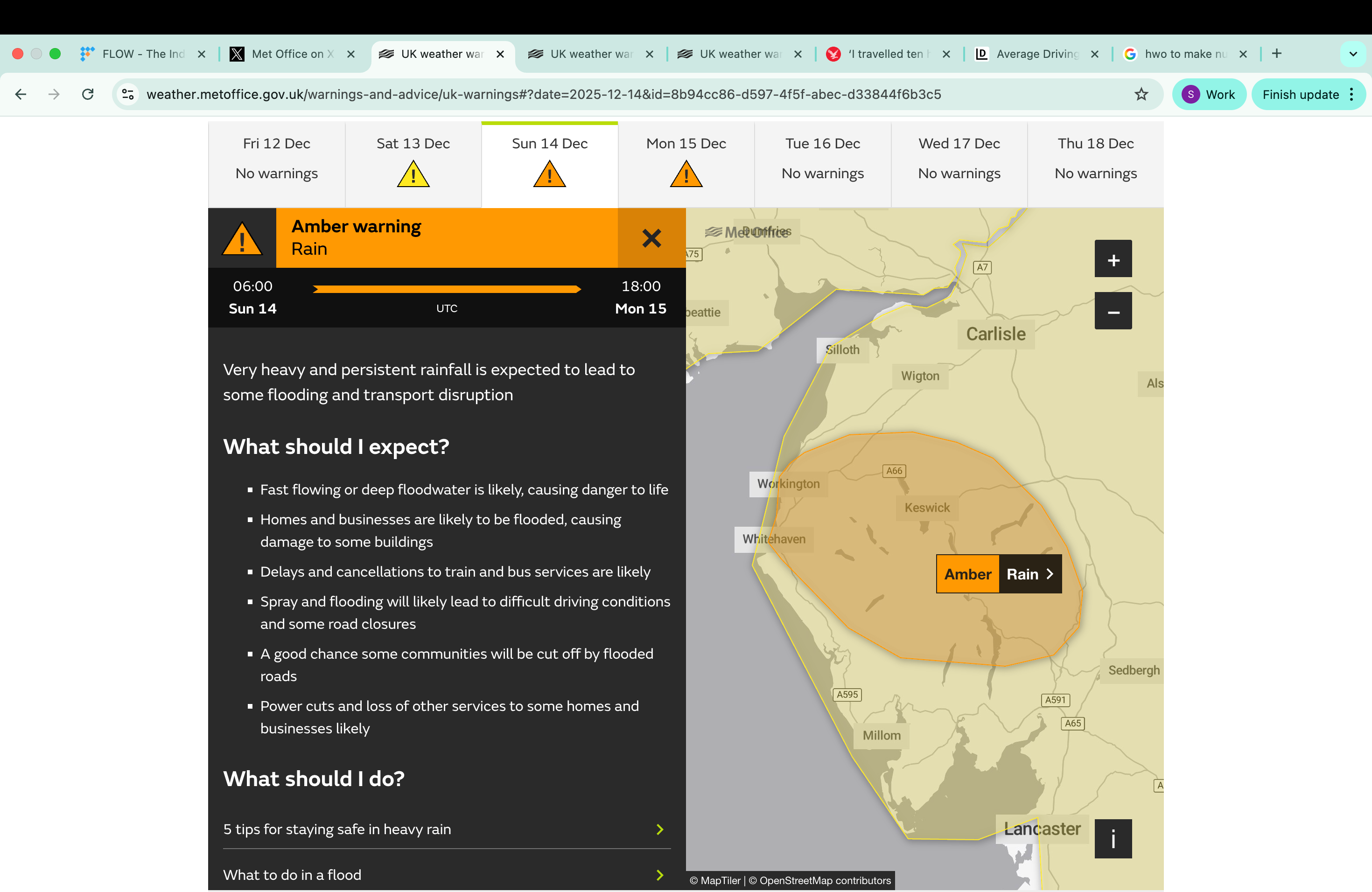 The Met Office has issued an amber weather warning from Sunday 6am and into Monday 6pm