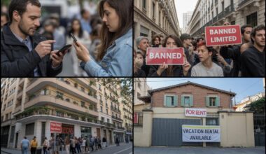 Featured composite overlay collage image a composite image combining: tourists browsing airbnb listings on their phones in new york, paris, barcelona, and athens, overlaid with red "banned" or "limited" signs. A local resident protest in front of an airbnb-listed building in barcelona, emphasizing the housing affordability crisis. A house with a "for rent" sign being replaced by a "vacation rental available" notice, highlighting the loss of housing for local families.